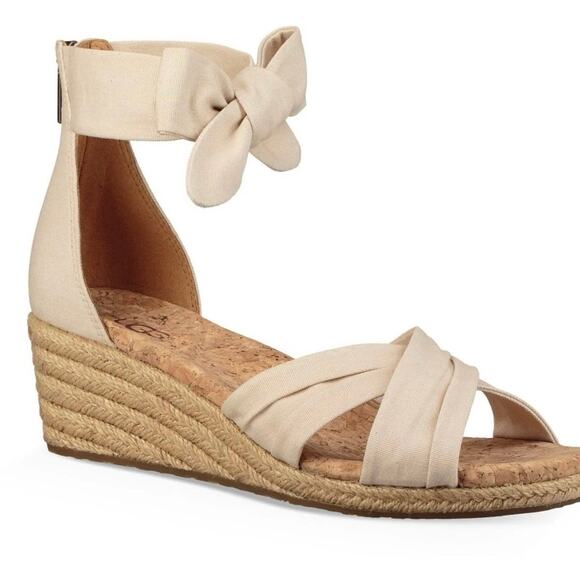 UGG Women's Traci Sandal, Cream Sz 10 Knotted ankle-strap espadrille wedge - Picture 1 of 7